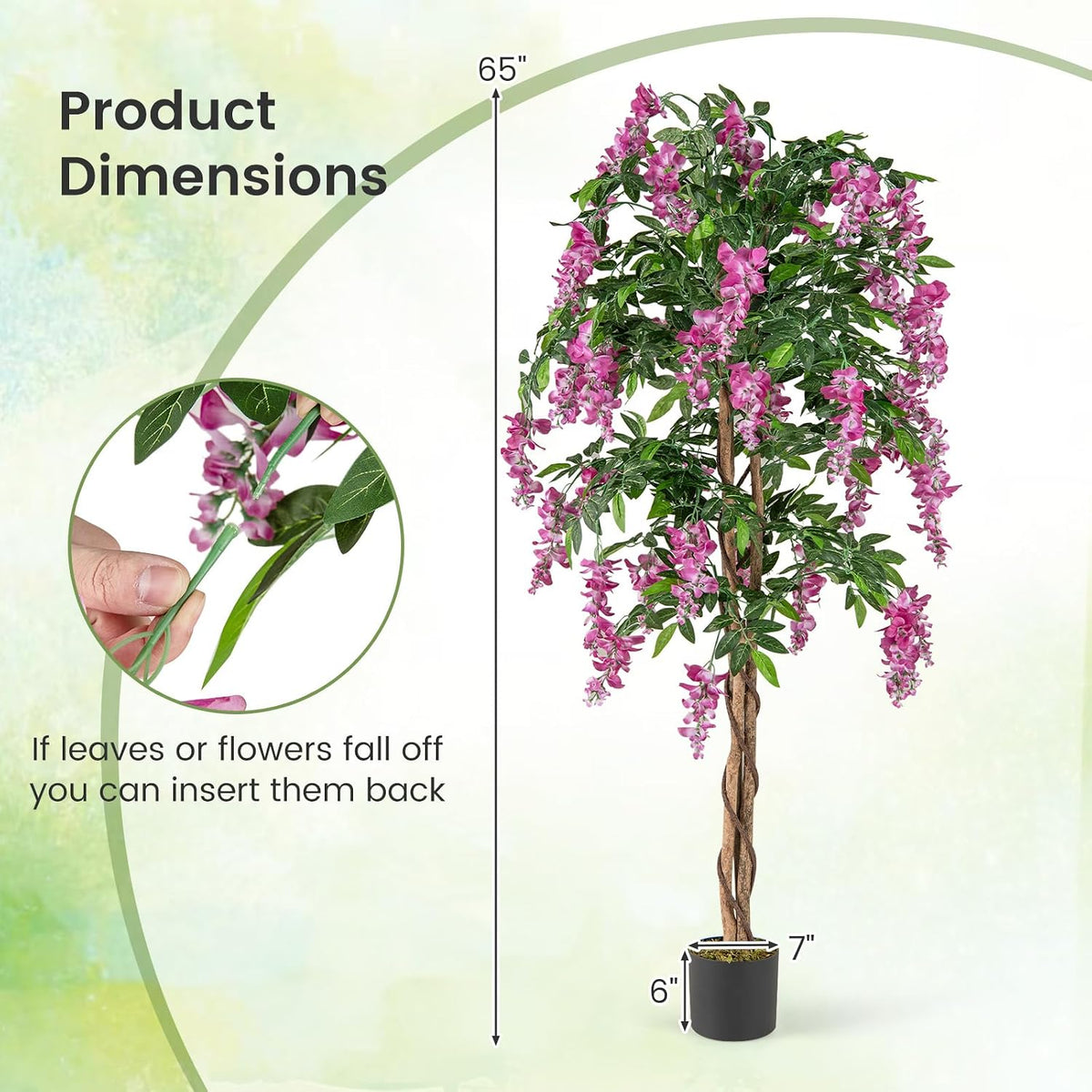 5.5FT Fake Wisteria Plant, Tall Artificial Tree in Nursery Pot with Purple Flowers, Solid Wood Trunk, Realistic Moss, Potted Greenery Plant for Indoor Outdoor Home Office Porch
