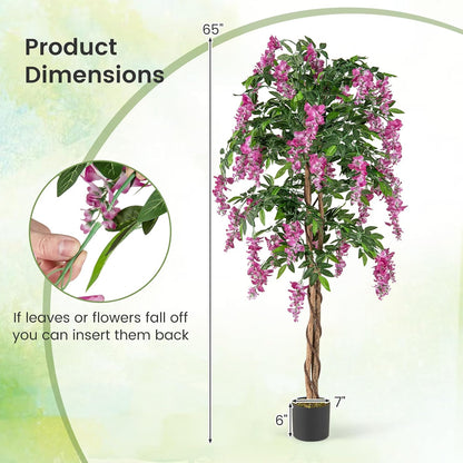 5.5FT Fake Wisteria Plant, Tall Artificial Tree in Nursery Pot with Purple Flowers, Solid Wood Trunk, Realistic Moss, Potted Greenery Plant for Indoor Outdoor Home Office Porch