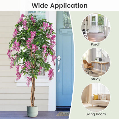 5.5FT Fake Wisteria Plant, Tall Artificial Tree in Nursery Pot with Purple Flowers, Solid Wood Trunk, Realistic Moss, Potted Greenery Plant for Indoor Outdoor Home Office Porch
