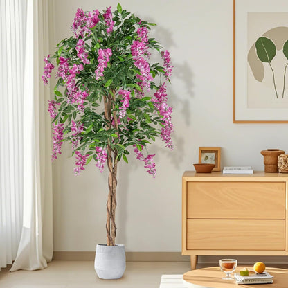 5.5FT Fake Wisteria Plant, Tall Artificial Tree in Nursery Pot with Purple Flowers, Solid Wood Trunk, Realistic Moss, Potted Greenery Plant for Indoor Outdoor Home Office Porch
