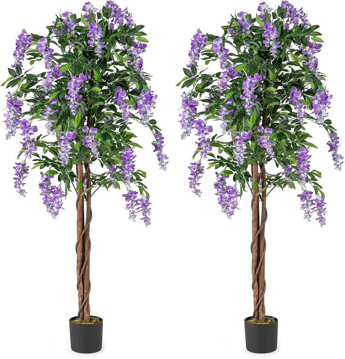 5.5FT Fake Wisteria Plant, Tall Artificial Tree in Nursery Pot with Purple Flowers, Solid Wood Trunk, Realistic Moss, Potted Greenery Plant for Indoor Outdoor Home Office Porch