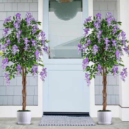 5.5FT Fake Wisteria Plant, Tall Artificial Tree in Nursery Pot with Purple Flowers, Solid Wood Trunk, Realistic Moss, Potted Greenery Plant for Indoor Outdoor Home Office Porch
