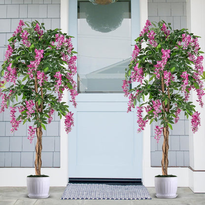 5.5FT Fake Wisteria Plant, Tall Artificial Tree in Nursery Pot with Purple Flowers, Solid Wood Trunk, Realistic Moss, Potted Greenery Plant for Indoor Outdoor Home Office Porch