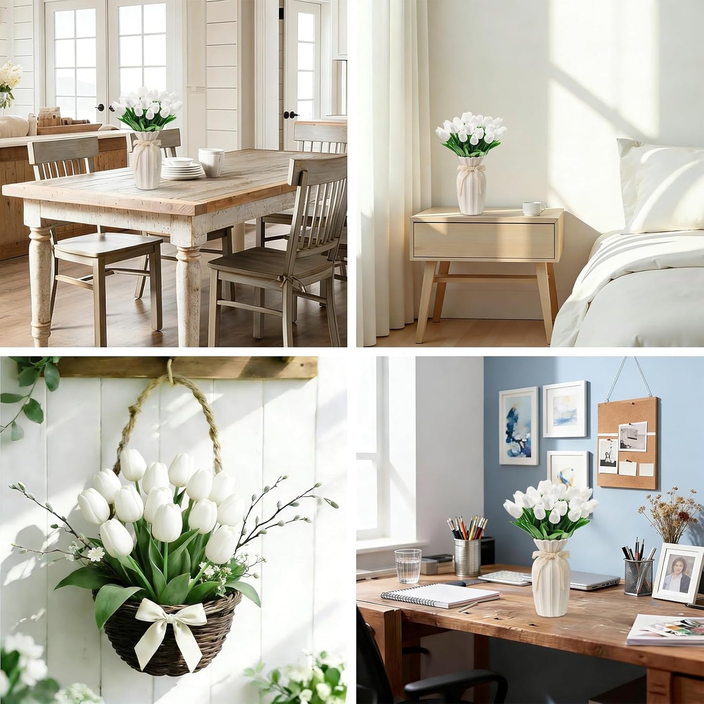 25Pcs Tulips Artificial Flowers, Faux Tulips Artificial Tulips Real Touch Tulip Fake Flowers Bouquets for Spring Wedding Home Kitchen Office Party Decor (White)