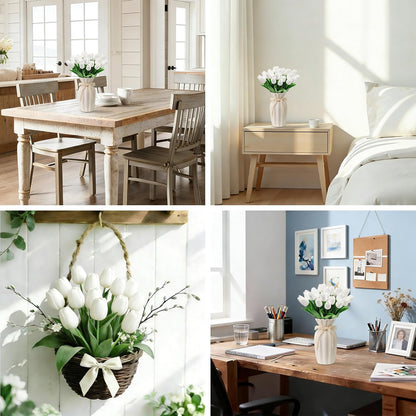 25Pcs Tulips Artificial Flowers, Faux Tulips Artificial Tulips Real Touch Tulip Fake Flowers Bouquets for Spring Wedding Home Kitchen Office Party Decor (White)