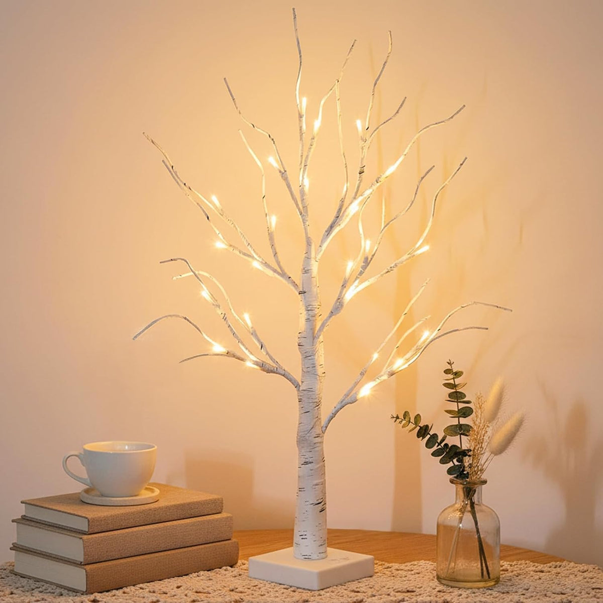 Lighted Birch Tree Christmas Decorations for Home, White Birch Tree with Lights, 24 LED Lighted Mini Money Tree Twig Tree Battery Operated with Timer, Indoor Table Centerpiece Decor (2FT)