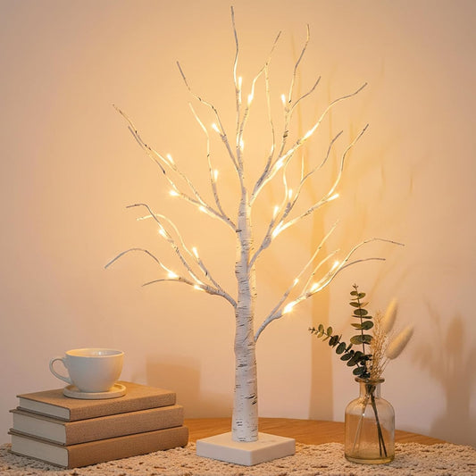 Lighted Birch Tree Christmas Decorations for Home, White Birch Tree with Lights, 24 LED Lighted Mini Money Tree Twig Tree Battery Operated with Timer, Indoor Table Centerpiece Decor (2FT)