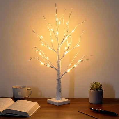Lighted Birch Tree Christmas Decorations for Home, White Birch Tree with Lights, 24 LED Lighted Mini Money Tree Twig Tree Battery Operated with Timer, Indoor Table Centerpiece Decor (2FT)