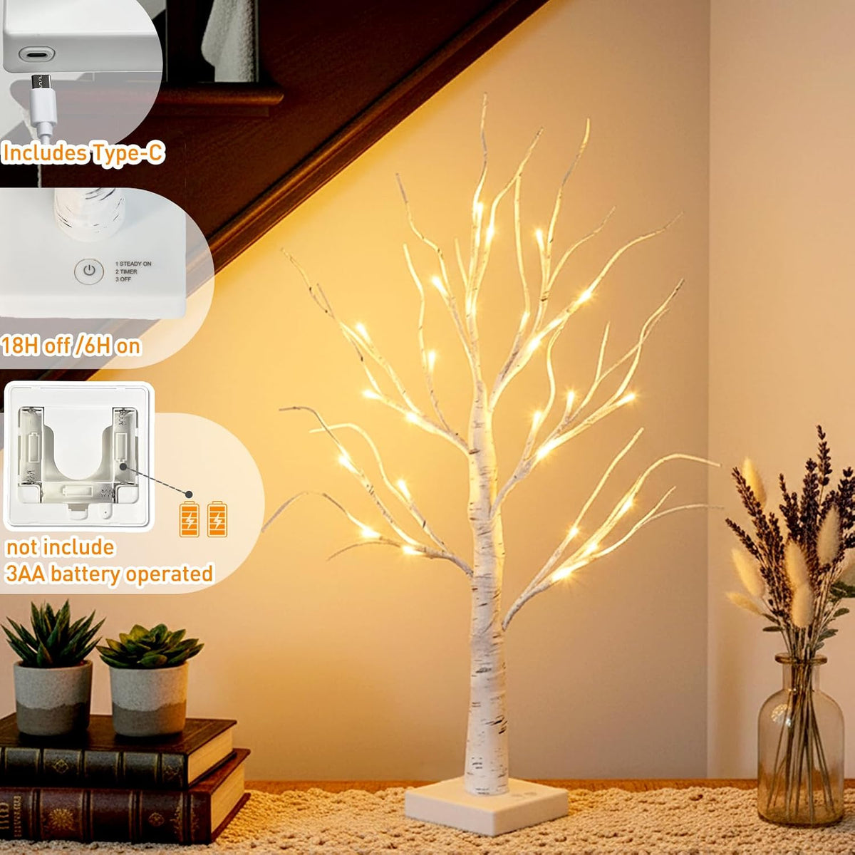 Lighted Birch Tree Christmas Decorations for Home, White Birch Tree with Lights, 24 LED Lighted Mini Money Tree Twig Tree Battery Operated with Timer, Indoor Table Centerpiece Decor (2FT)