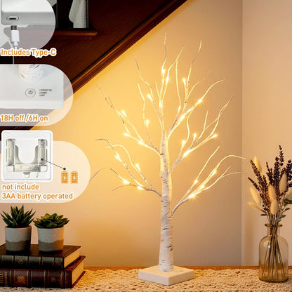 Lighted Birch Tree Christmas Decorations for Home, White Birch Tree with Lights, 24 LED Lighted Mini Money Tree Twig Tree Battery Operated with Timer, Indoor Table Centerpiece Decor (2FT)
