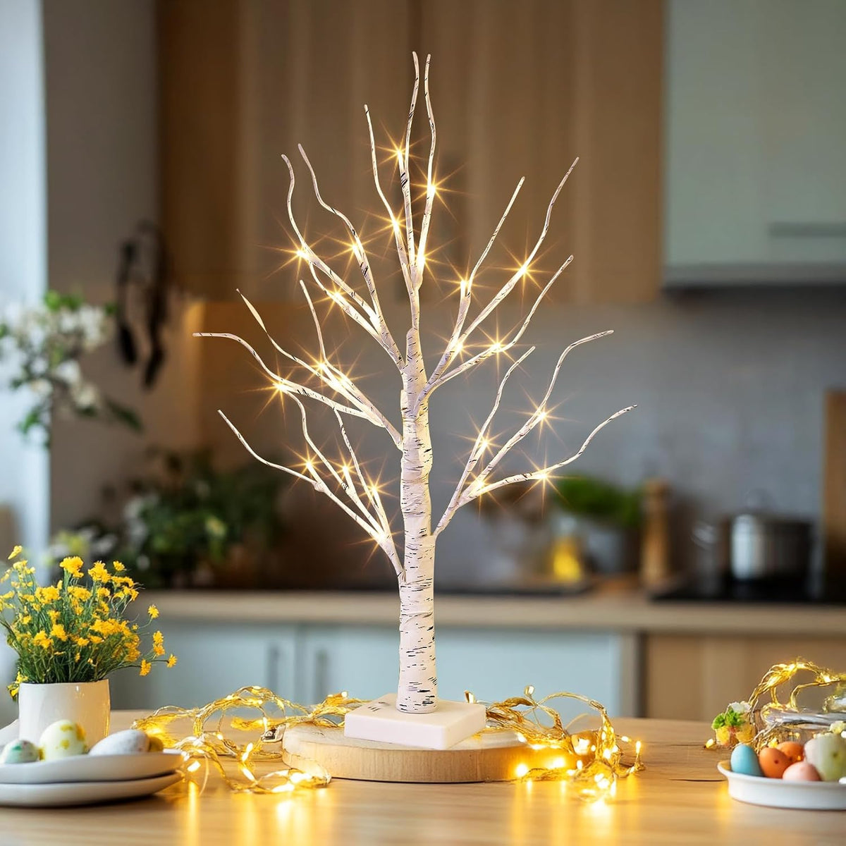 Lighted Birch Tree Christmas Decorations for Home, White Birch Tree with Lights, 24 LED Lighted Mini Money Tree Twig Tree Battery Operated with Timer, Indoor Table Centerpiece Decor (2FT)