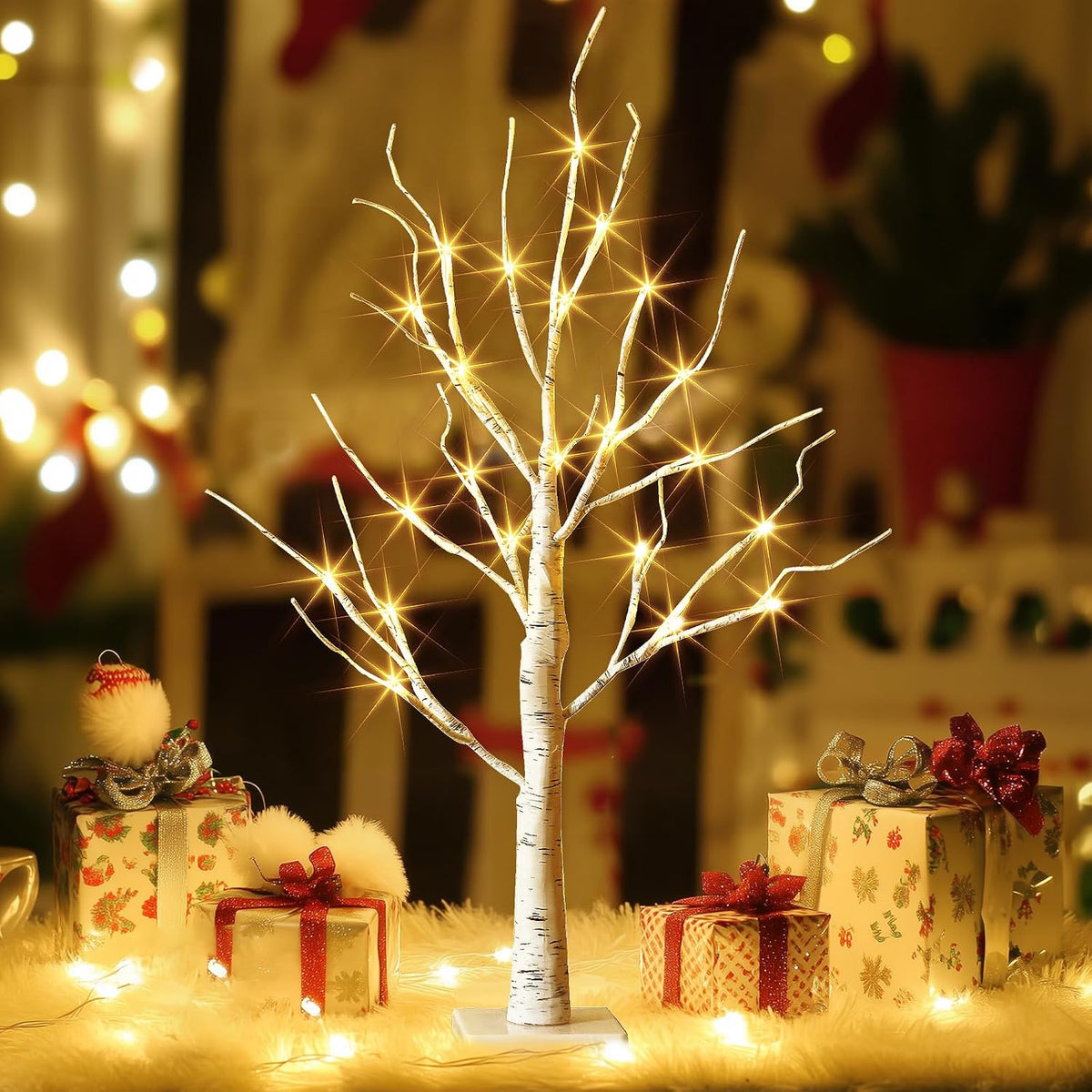 Lighted Birch Tree Christmas Decorations for Home, White Birch Tree with Lights, 24 LED Lighted Mini Money Tree Twig Tree Battery Operated with Timer, Indoor Table Centerpiece Decor (2FT)