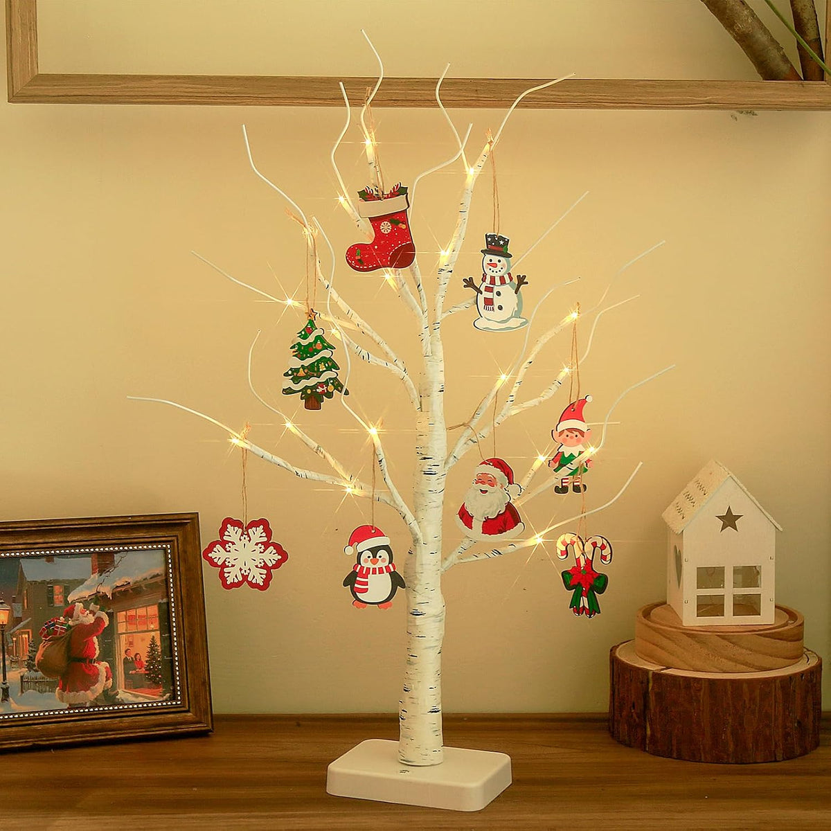 Lighted Birch Tree Christmas Decorations for Home, White Birch Tree with Lights, 24 LED Lighted Mini Money Tree Twig Tree Battery Operated with Timer, Indoor Table Centerpiece Decor (2FT)