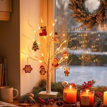 Lighted Birch Tree Christmas Decorations for Home, White Birch Tree with Lights, 24 LED Lighted Mini Money Tree Twig Tree Battery Operated with Timer, Indoor Table Centerpiece Decor (2FT)