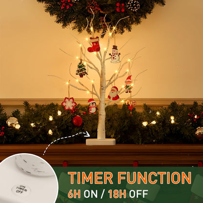Lighted Birch Tree Christmas Decorations for Home, White Birch Tree with Lights, 24 LED Lighted Mini Money Tree Twig Tree Battery Operated with Timer, Indoor Table Centerpiece Decor (2FT)