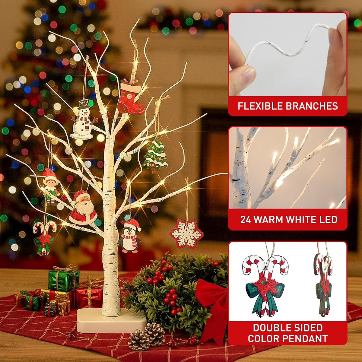 Lighted Birch Tree Christmas Decorations for Home, White Birch Tree with Lights, 24 LED Lighted Mini Money Tree Twig Tree Battery Operated with Timer, Indoor Table Centerpiece Decor (2FT)