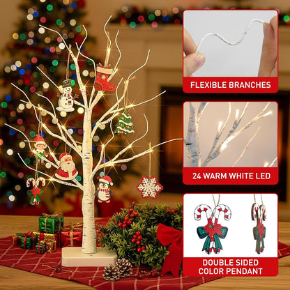 Lighted Birch Tree Christmas Decorations for Home, White Birch Tree with Lights, 24 LED Lighted Mini Money Tree Twig Tree Battery Operated with Timer, Indoor Table Centerpiece Decor (2FT)