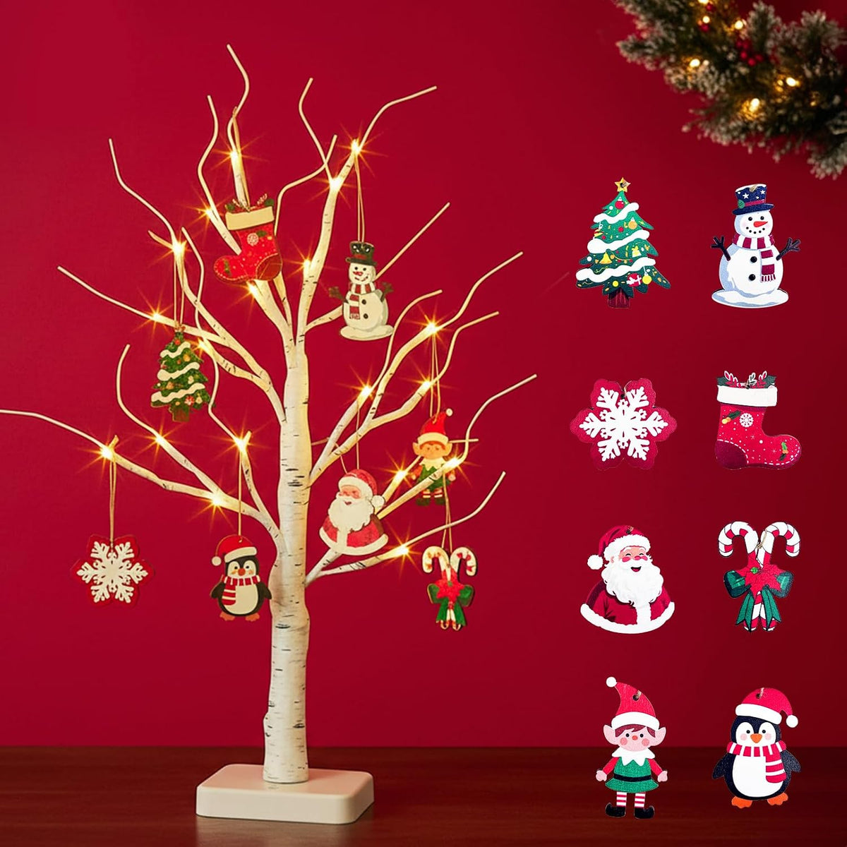 Lighted Birch Tree Christmas Decorations for Home, White Birch Tree with Lights, 24 LED Lighted Mini Money Tree Twig Tree Battery Operated with Timer, Indoor Table Centerpiece Decor (2FT)