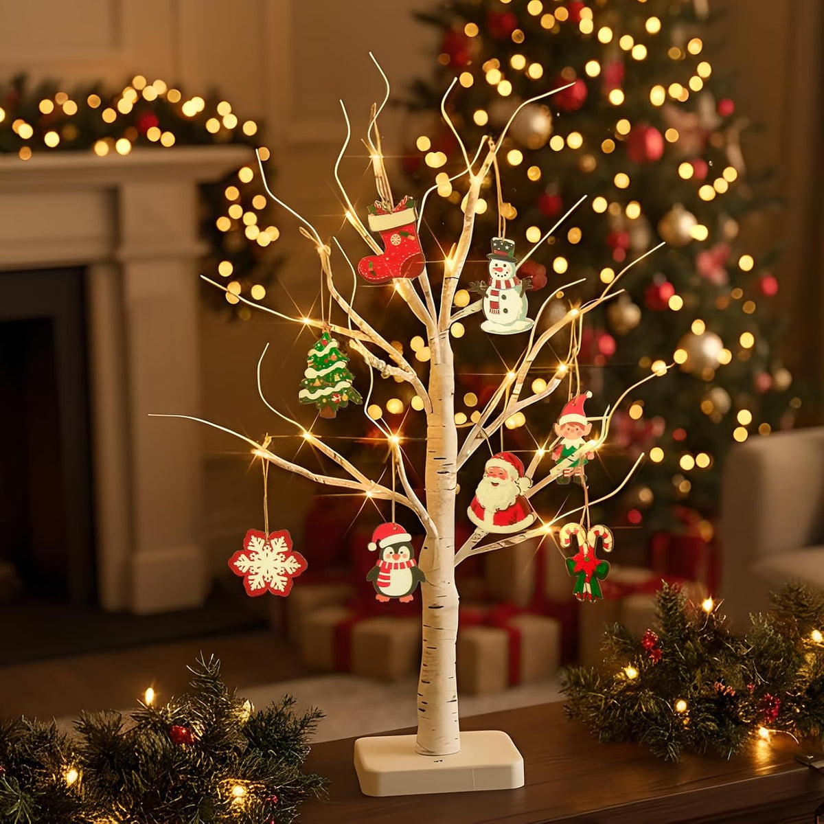 Lighted Birch Tree Christmas Decorations for Home, White Birch Tree with Lights, 24 LED Lighted Mini Money Tree Twig Tree Battery Operated with Timer, Indoor Table Centerpiece Decor (2FT)