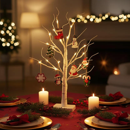 Lighted Birch Tree Christmas Decorations for Home, White Birch Tree with Lights, 24 LED Lighted Mini Money Tree Twig Tree Battery Operated with Timer, Indoor Table Centerpiece Decor (2FT)