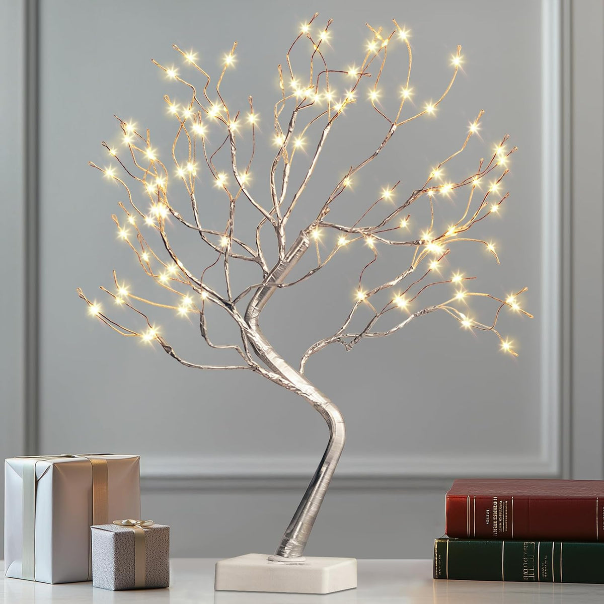 Lighted Birch Tree Christmas Decorations for Home, White Birch Tree with Lights, 24 LED Lighted Mini Money Tree Twig Tree Battery Operated with Timer, Indoor Table Centerpiece Decor (2FT)