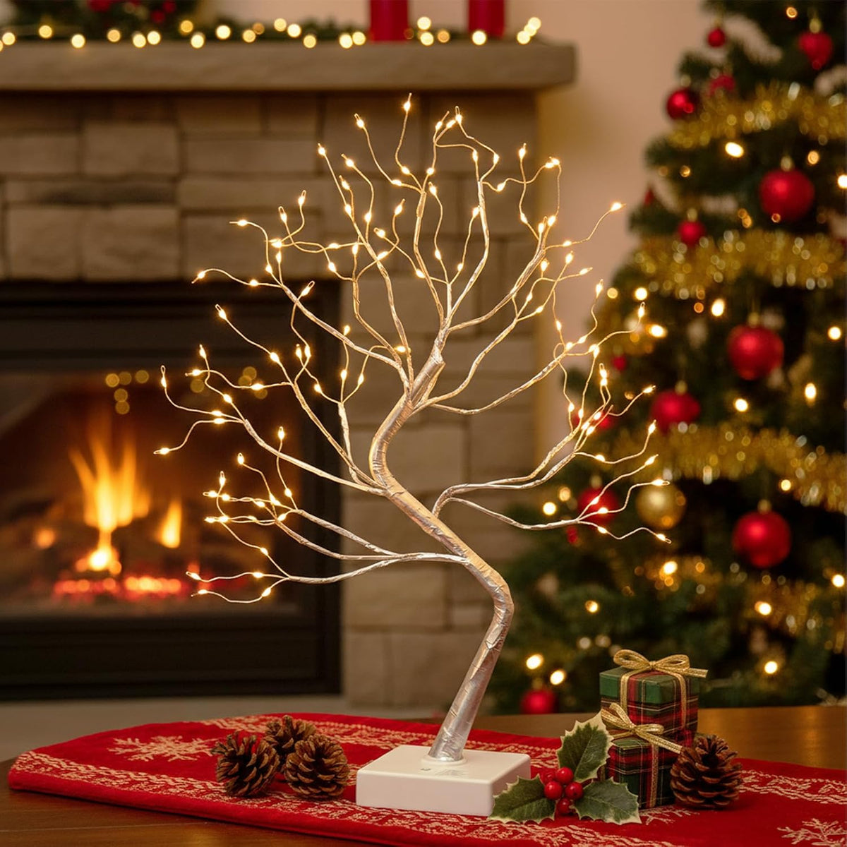 Lighted Birch Tree Christmas Decorations for Home, White Birch Tree with Lights, 24 LED Lighted Mini Money Tree Twig Tree Battery Operated with Timer, Indoor Table Centerpiece Decor (2FT)