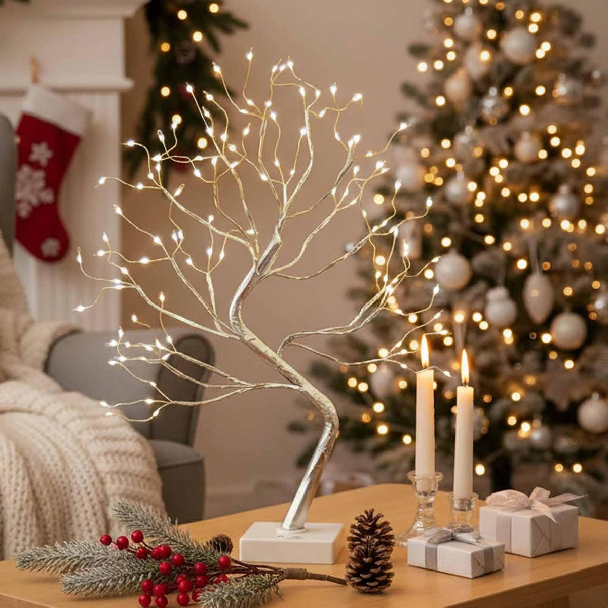 Lighted Birch Tree Christmas Decorations for Home, White Birch Tree with Lights, 24 LED Lighted Mini Money Tree Twig Tree Battery Operated with Timer, Indoor Table Centerpiece Decor (2FT)