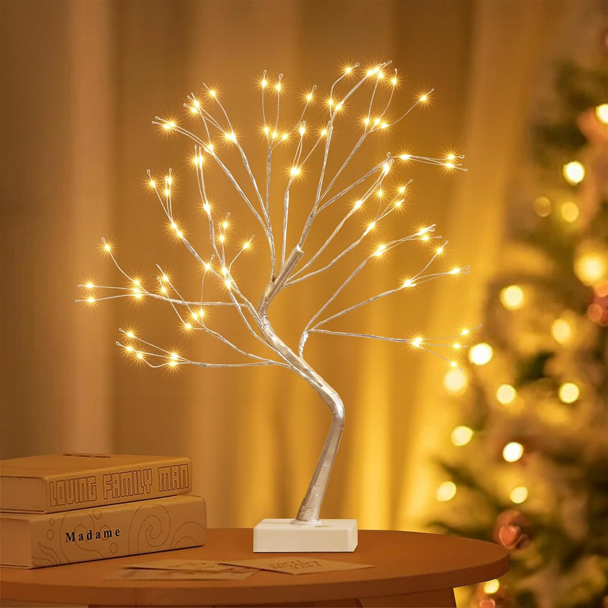 Lighted Birch Tree Christmas Decorations for Home, White Birch Tree with Lights, 24 LED Lighted Mini Money Tree Twig Tree Battery Operated with Timer, Indoor Table Centerpiece Decor (2FT)