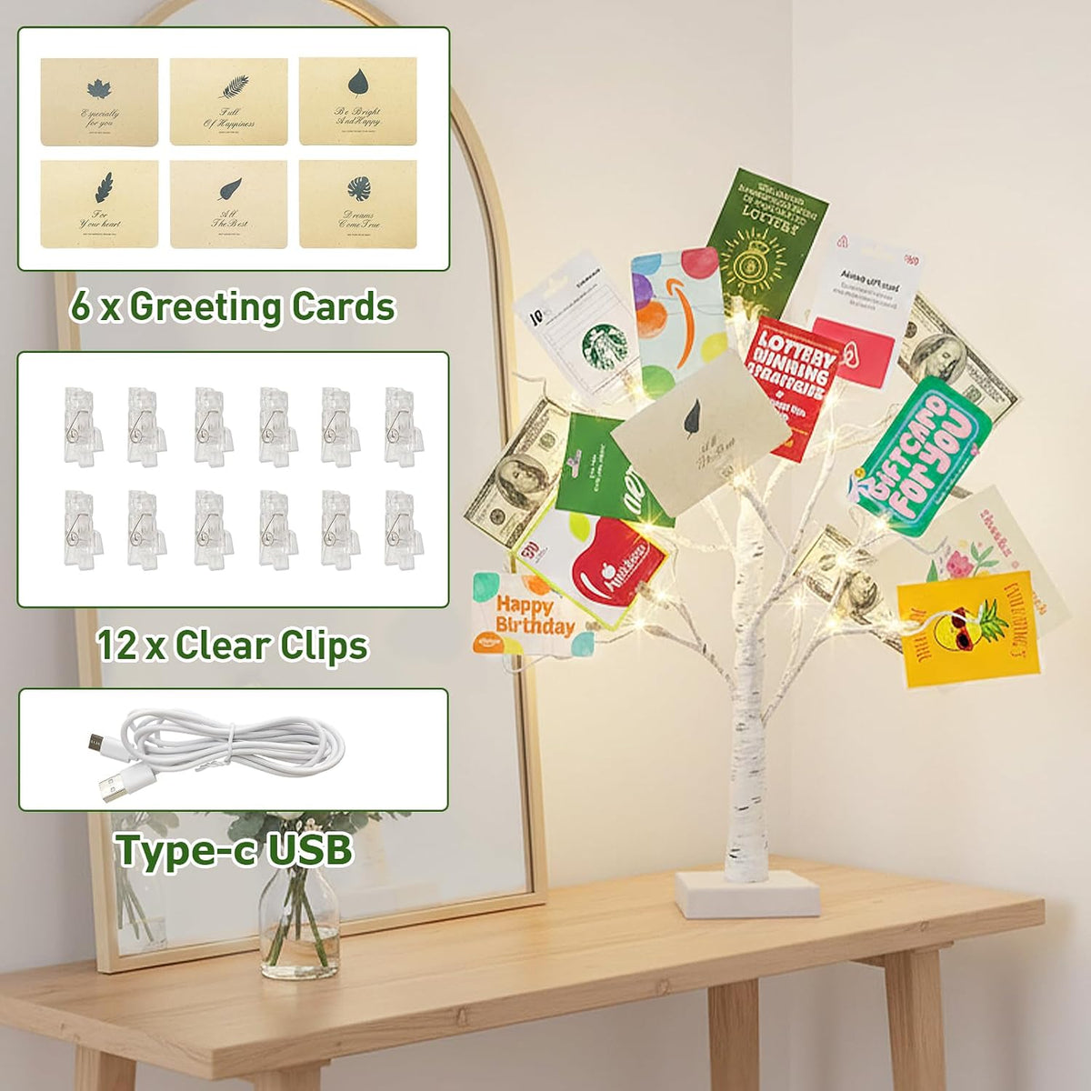 Lighted Birch Tree Christmas Decorations for Home, White Birch Tree with Lights, 24 LED Lighted Mini Money Tree Twig Tree Battery Operated with Timer, Indoor Table Centerpiece Decor (2FT)