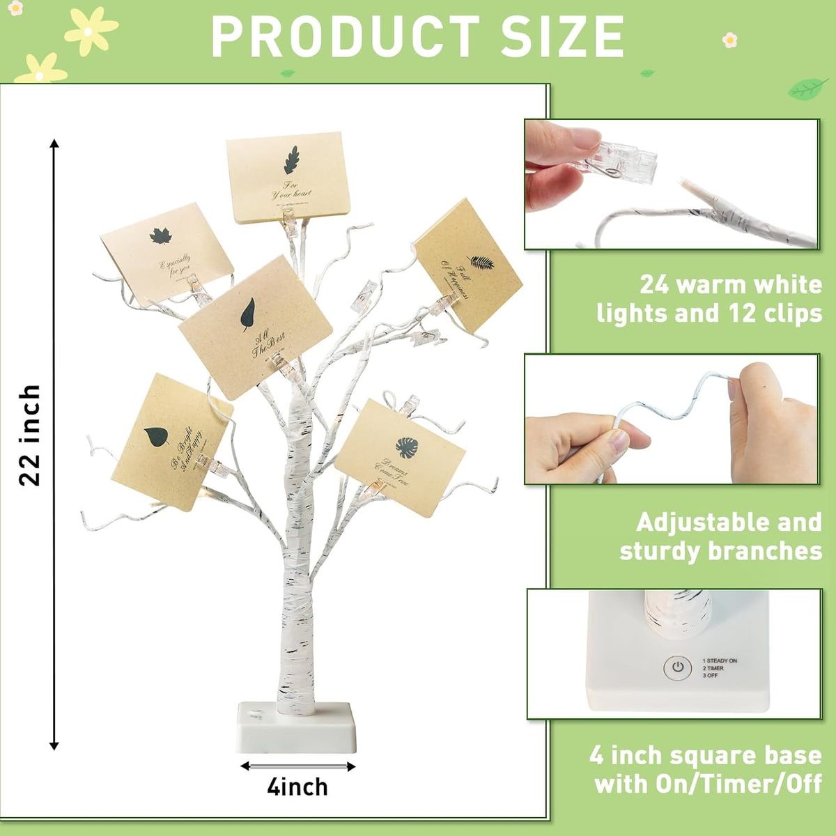 Lighted Birch Tree Christmas Decorations for Home, White Birch Tree with Lights, 24 LED Lighted Mini Money Tree Twig Tree Battery Operated with Timer, Indoor Table Centerpiece Decor (2FT)
