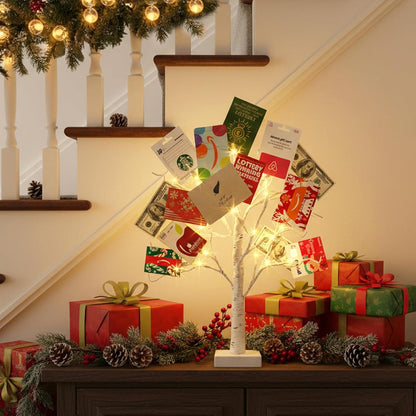 Lighted Birch Tree Christmas Decorations for Home, White Birch Tree with Lights, 24 LED Lighted Mini Money Tree Twig Tree Battery Operated with Timer, Indoor Table Centerpiece Decor (2FT)