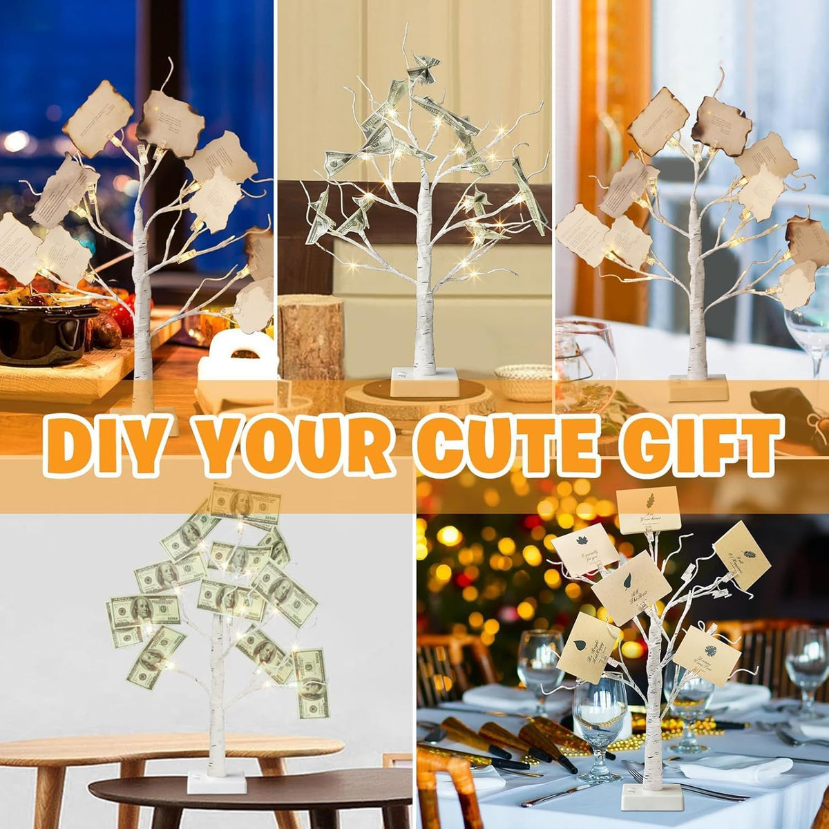 Lighted Birch Tree Christmas Decorations for Home, White Birch Tree with Lights, 24 LED Lighted Mini Money Tree Twig Tree Battery Operated with Timer, Indoor Table Centerpiece Decor (2FT)