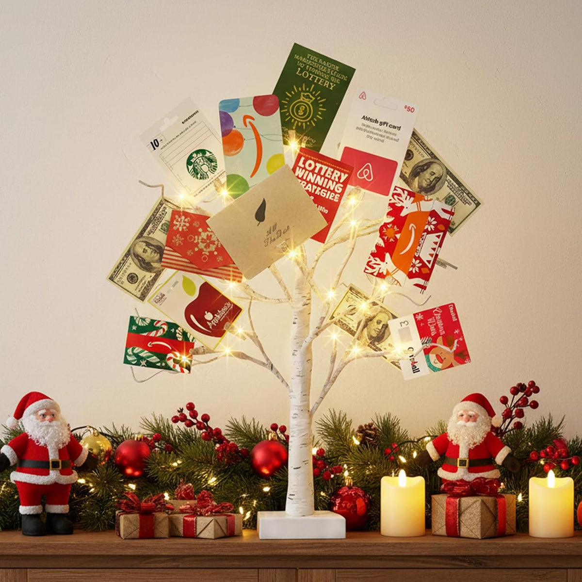 Lighted Birch Tree Christmas Decorations for Home, White Birch Tree with Lights, 24 LED Lighted Mini Money Tree Twig Tree Battery Operated with Timer, Indoor Table Centerpiece Decor (2FT)