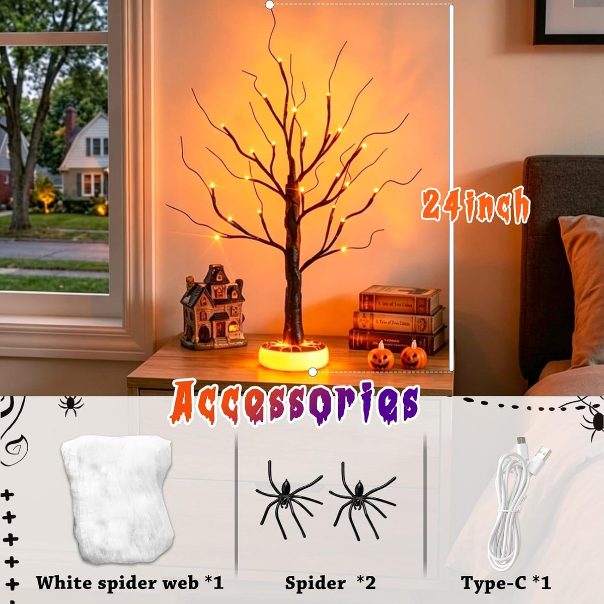 Lighted Birch Tree Christmas Decorations for Home, White Birch Tree with Lights, 24 LED Lighted Mini Money Tree Twig Tree Battery Operated with Timer, Indoor Table Centerpiece Decor (2FT)