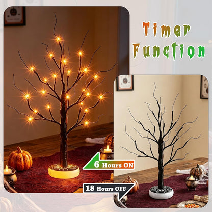 Lighted Birch Tree Christmas Decorations for Home, White Birch Tree with Lights, 24 LED Lighted Mini Money Tree Twig Tree Battery Operated with Timer, Indoor Table Centerpiece Decor (2FT)