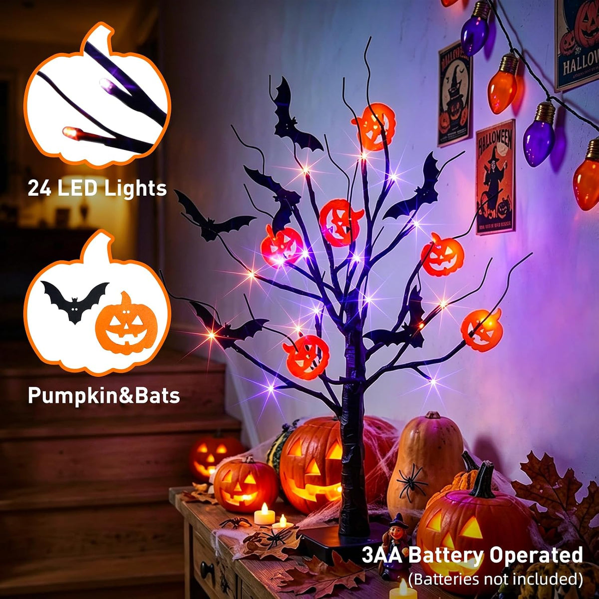 Lighted Birch Tree Christmas Decorations for Home, White Birch Tree with Lights, 24 LED Lighted Mini Money Tree Twig Tree Battery Operated with Timer, Indoor Table Centerpiece Decor (2FT)