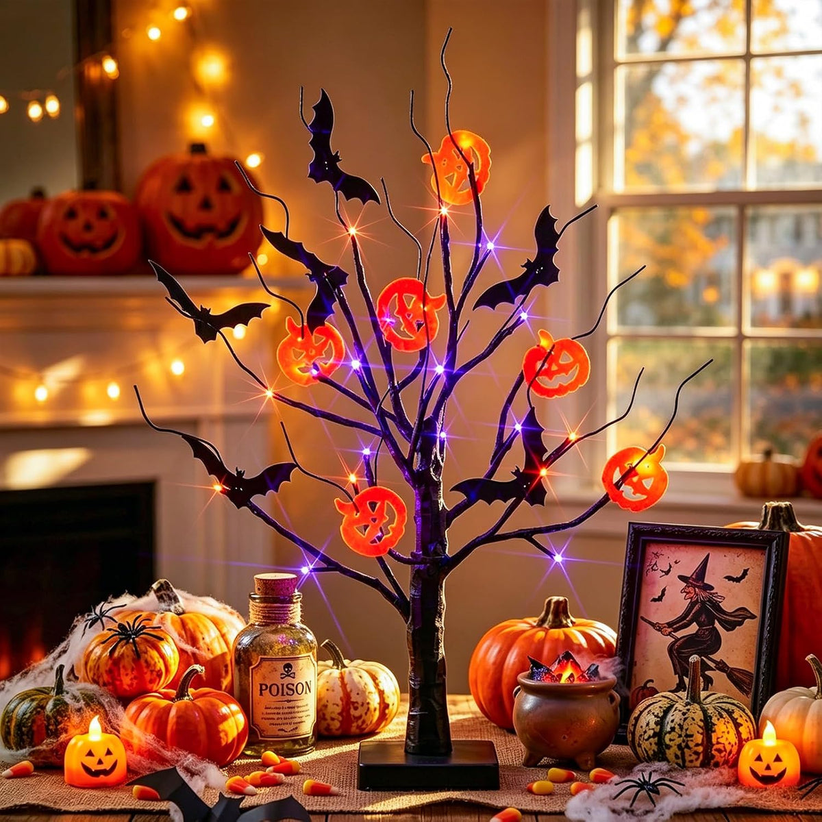 Lighted Birch Tree Christmas Decorations for Home, White Birch Tree with Lights, 24 LED Lighted Mini Money Tree Twig Tree Battery Operated with Timer, Indoor Table Centerpiece Decor (2FT)