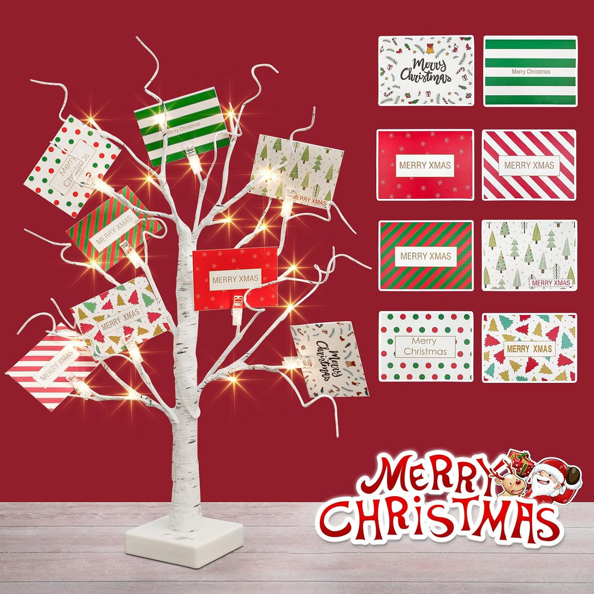 Lighted Birch Tree Christmas Decorations for Home, White Birch Tree with Lights, 24 LED Lighted Mini Money Tree Twig Tree Battery Operated with Timer, Indoor Table Centerpiece Decor (2FT)