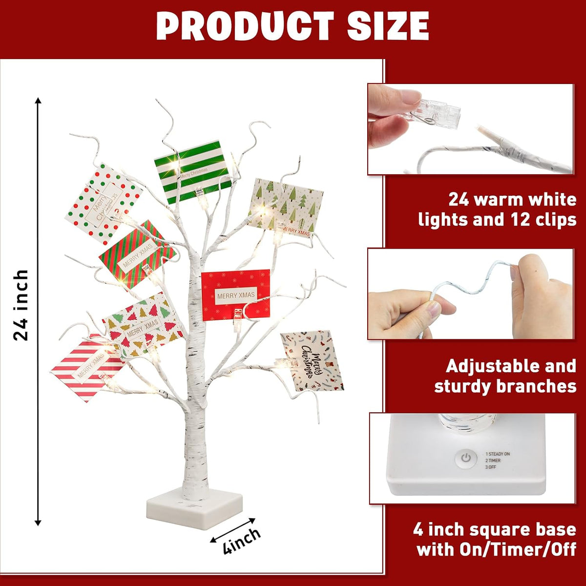 Lighted Birch Tree Christmas Decorations for Home, White Birch Tree with Lights, 24 LED Lighted Mini Money Tree Twig Tree Battery Operated with Timer, Indoor Table Centerpiece Decor (2FT)