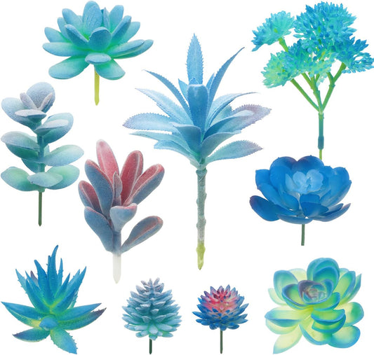 10 PCS Artificial Succulent Plants, Blue Fake Succulent, Unpotted Faux Succulent Assortment in Flocked Blue in Different Type for Birthday Home Decor Indoor Wall Garden DIY