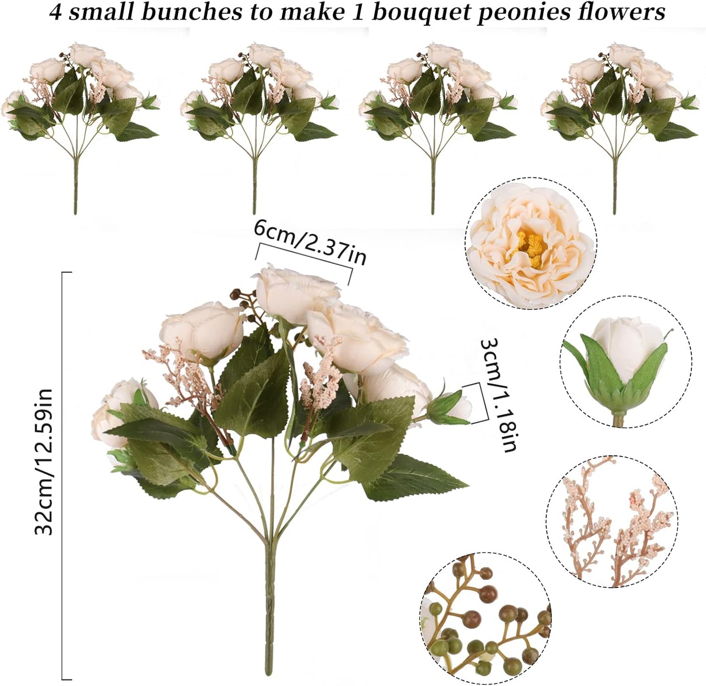4 Bundles Artificial Peonies Silk Flowers, White Faux Peony Bouquet Florals Arrangements Decor for Farmhouse Home Boho Wedding Table Centerpiece, Fake Plastic Flowers Bulk Vase Decoration (White)