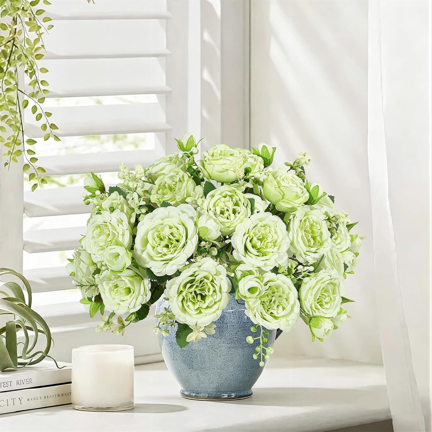 4 Bundles Artificial Peonies Silk Flowers, White Faux Peony Bouquet Florals Arrangements Decor for Farmhouse Home Boho Wedding Table Centerpiece, Fake Plastic Flowers Bulk Vase Decoration (White)
