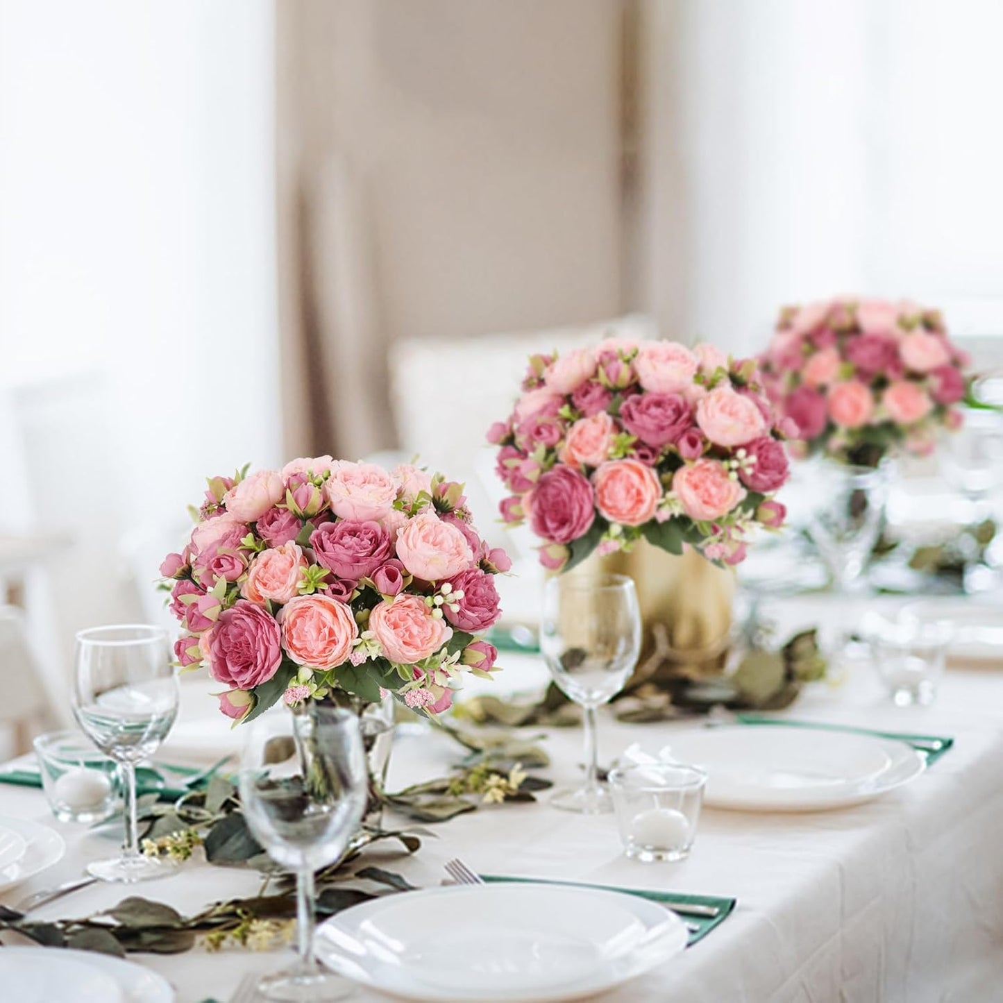 4 Bundles Artificial Peonies Silk Flowers, White Faux Peony Bouquet Florals Arrangements Decor for Farmhouse Home Boho Wedding Table Centerpiece, Fake Plastic Flowers Bulk Vase Decoration (White)