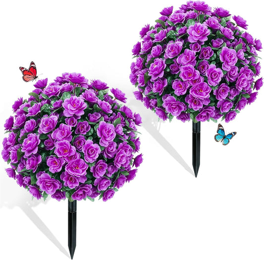 2 Pack Artificial Topiary Ball Trees, Fake Plants for Outdoor Indoor Artificial Shrubs with Ground Spike, UV Resistant Fake Bushes for Front Porch, Patio