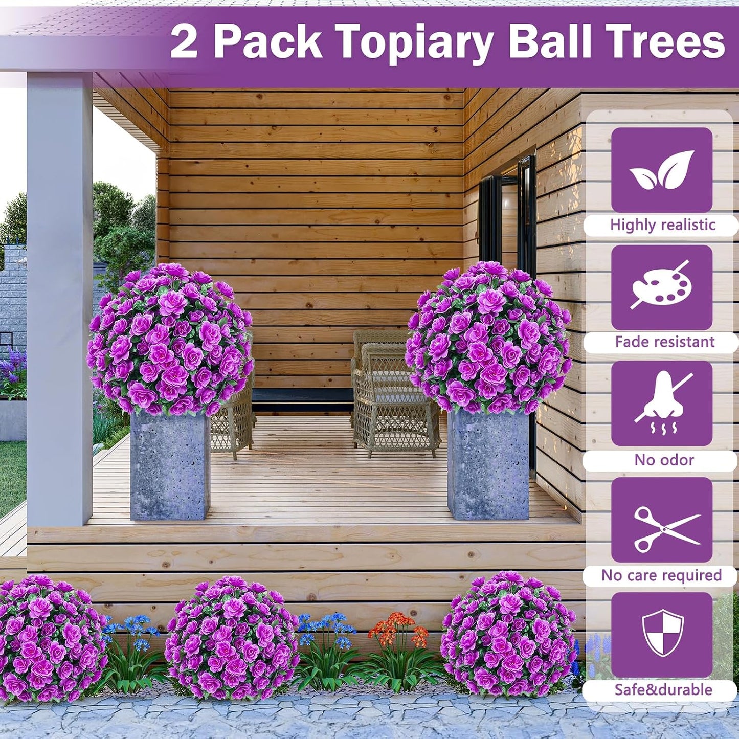 2 Pack Artificial Topiary Ball Trees, Fake Plants for Outdoor Indoor Artificial Shrubs with Ground Spike, UV Resistant Fake Bushes for Front Porch, Patio