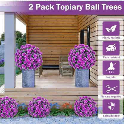 2 Pack Artificial Topiary Ball Trees, Fake Plants for Outdoor Indoor Artificial Shrubs with Ground Spike, UV Resistant Fake Bushes for Front Porch, Patio