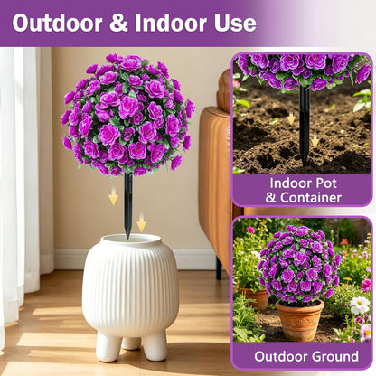 2 Pack Artificial Topiary Ball Trees, Fake Plants for Outdoor Indoor Artificial Shrubs with Ground Spike, UV Resistant Fake Bushes for Front Porch, Patio