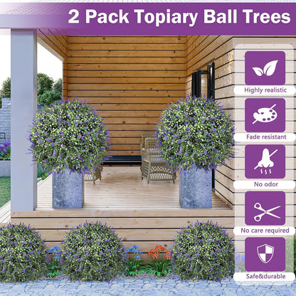 2 Pack Artificial Topiary Ball Trees, Fake Plants for Outdoor Indoor Artificial Shrubs with Ground Spike, UV Resistant Fake Bushes for Front Porch, Patio