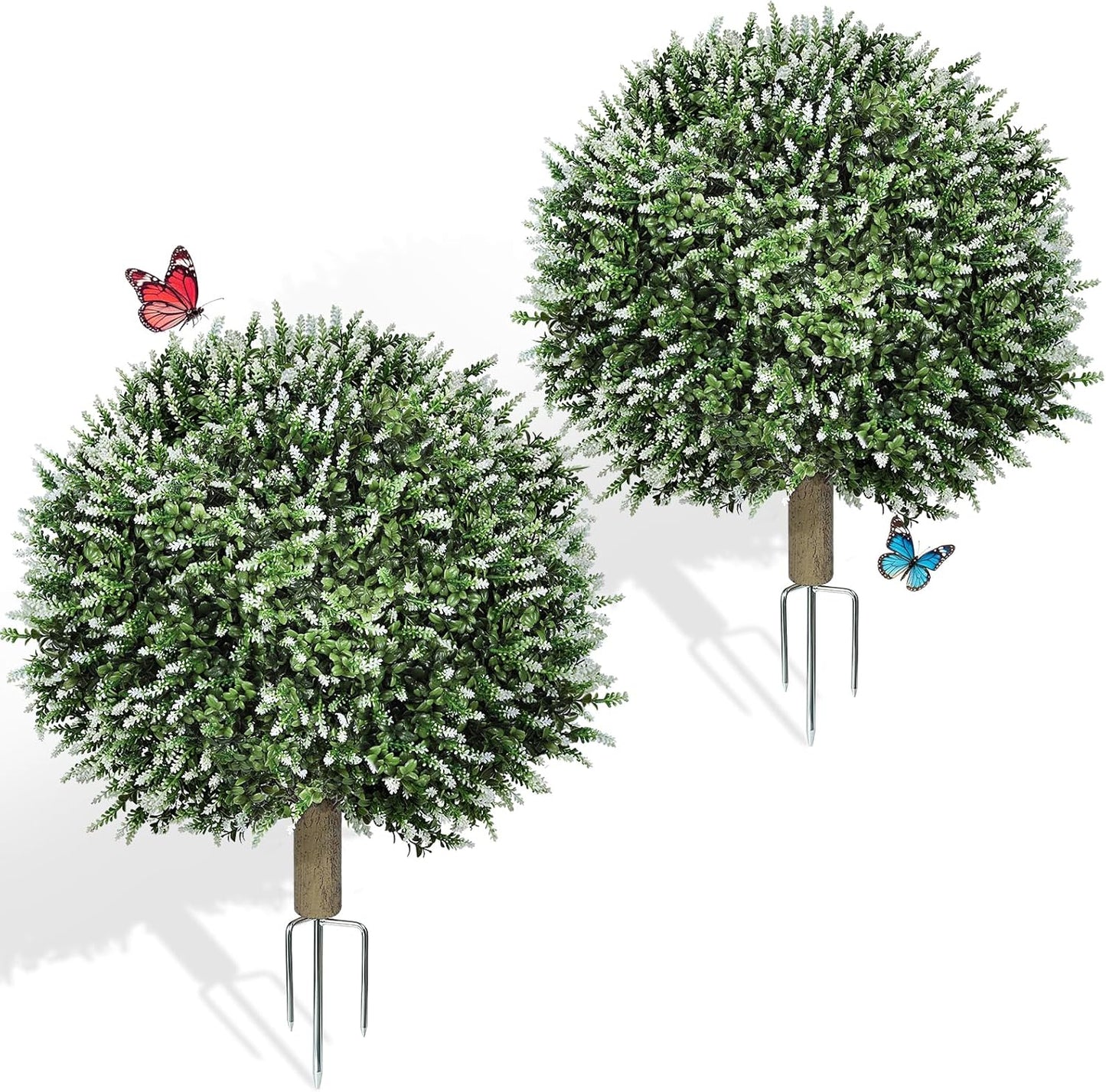 2 Pack Artificial Topiary Ball Trees, Fake Plants for Outdoor Indoor Artificial Shrubs with Ground Spike, UV Resistant Fake Bushes for Front Porch, Patio