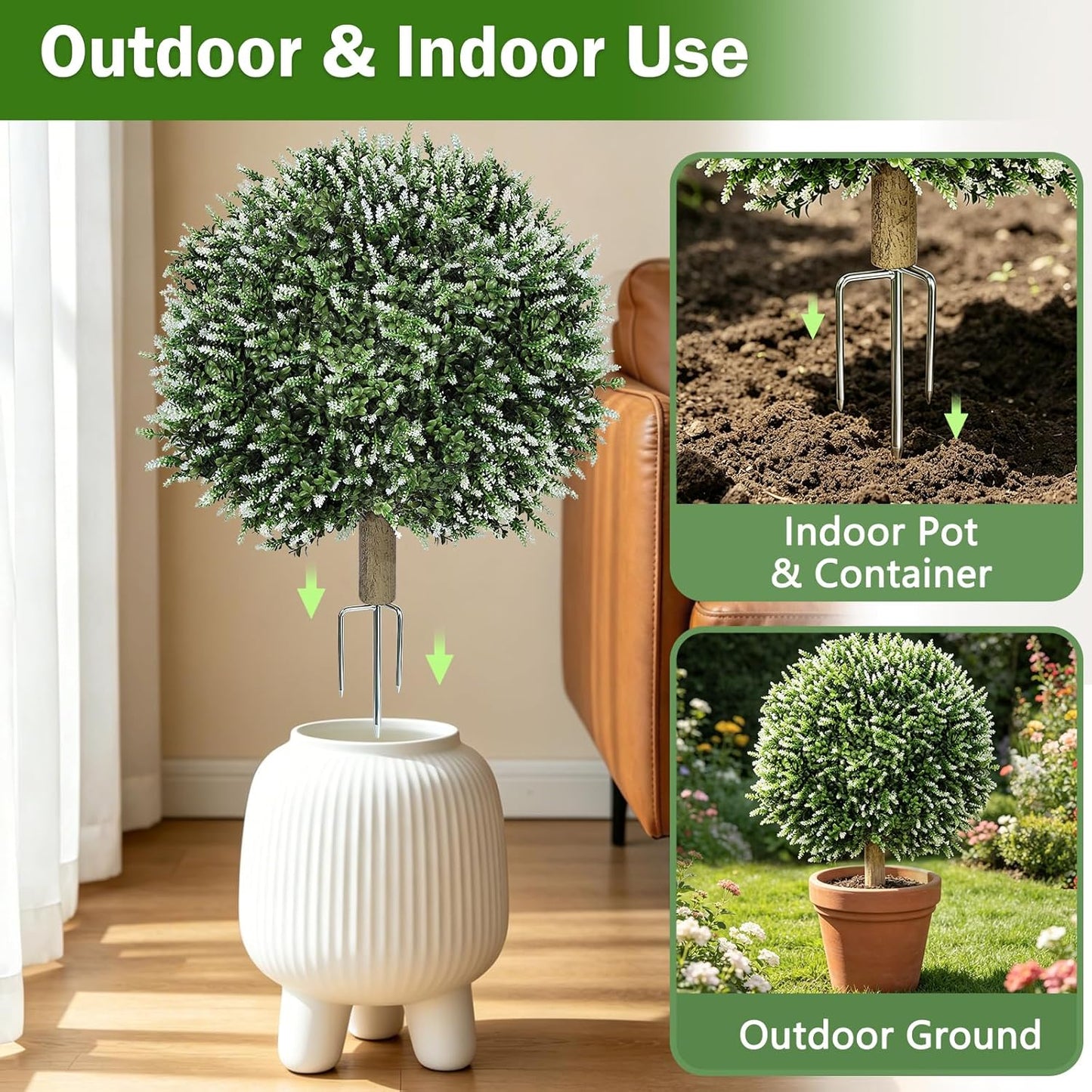 2 Pack Artificial Topiary Ball Trees, Fake Plants for Outdoor Indoor Artificial Shrubs with Ground Spike, UV Resistant Fake Bushes for Front Porch, Patio